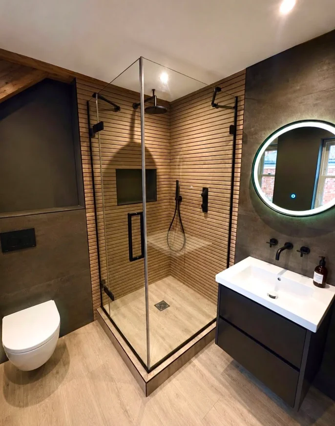 Modern bathroom with wood slat shower completed by Wayne Wrankmore in Henleaze, Bristol