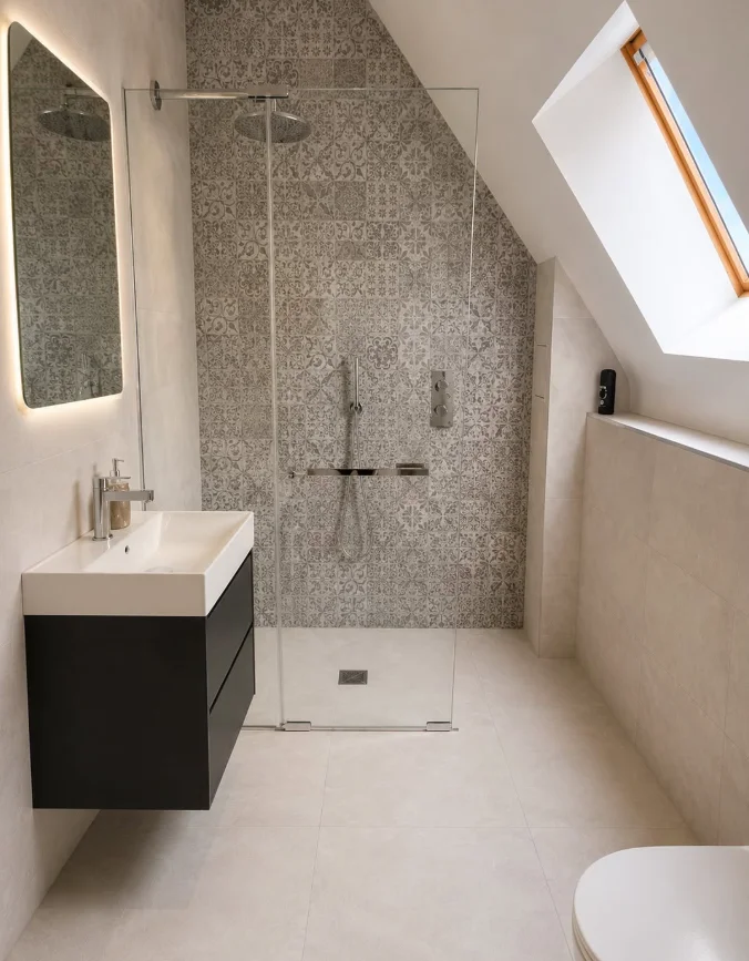 Modern bathroom with patterned shower tiles completed by Wayne Wrankmore in Redland, Bristol